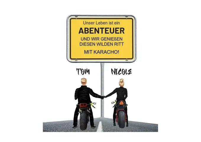 Motorrad-Couple mit Ortsschild