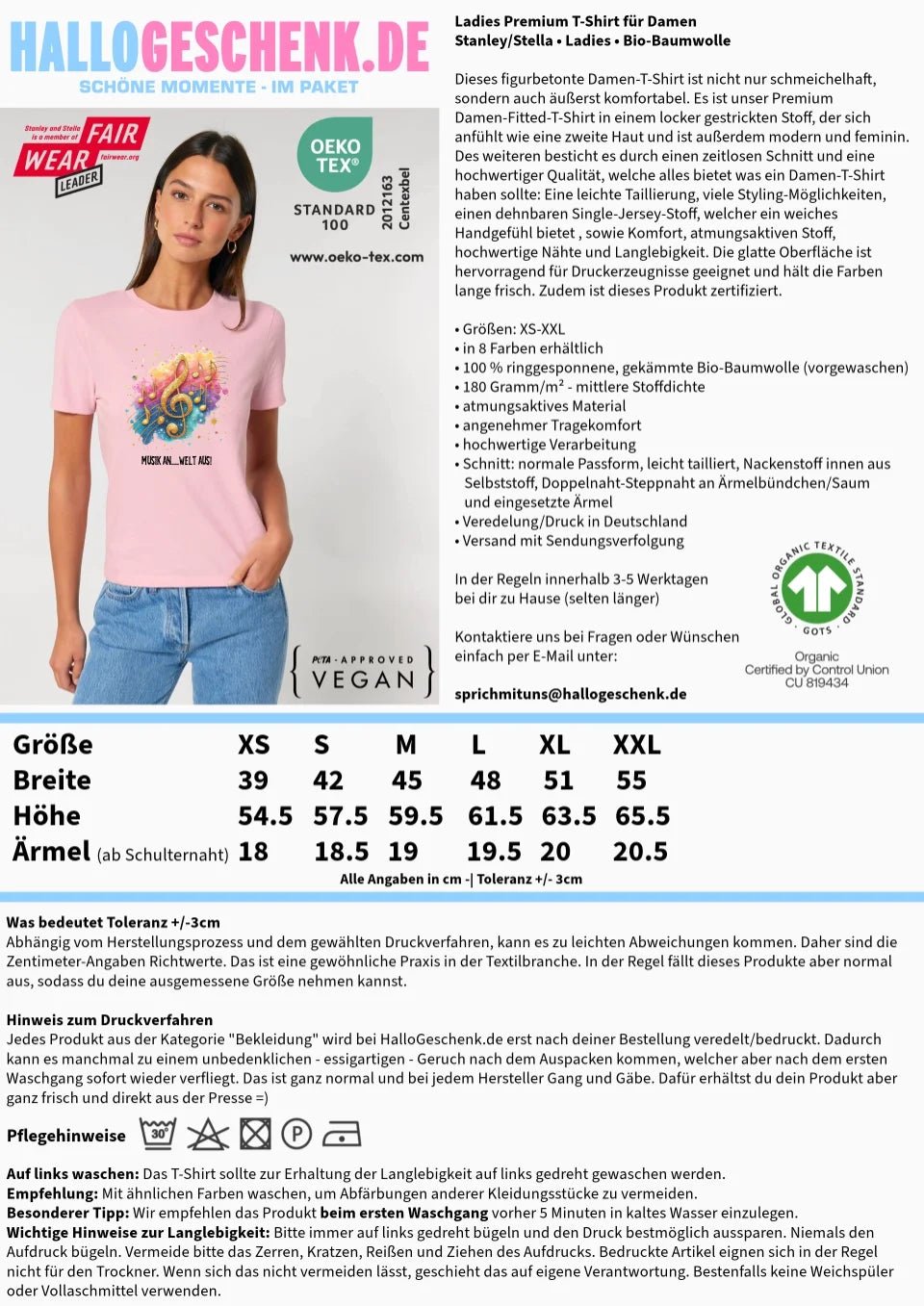 25 Motive zur Auswahl • Fantasy Music Notes • Noten • Musik • Ladies Premium T-Shirt XS - 2XL aus Bio - Baumwolle für Damen • Exklusivdesign • personalisiert • Motivauswahl von HalloGeschenk.de