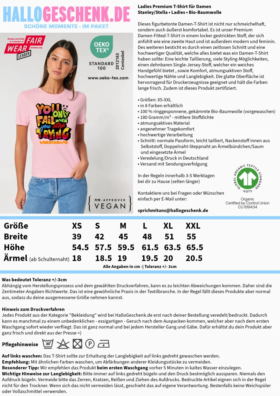 You only fail when + dein Wunschtext • Ladies Premium T-Shirt XS-2XL aus Bio-Baumwolle für Damen • Exklusivdesign • personalisiert