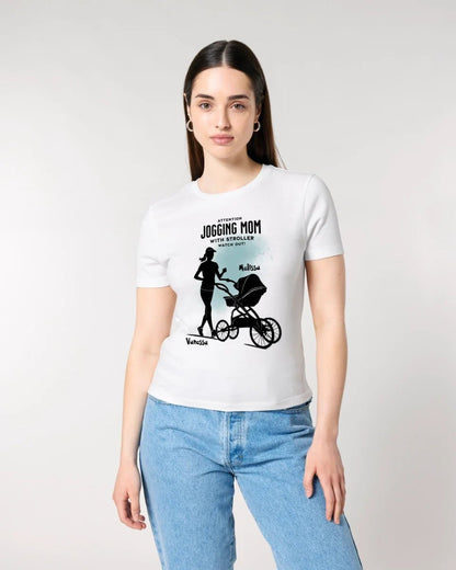 Jogging Mom mit Kinderwagen • Mama + Text • Wunschnamen • Ladies Premium T-Shirt XS - 2XL aus Bio - Baumwolle für Damen • Exklusivdesign • personalisiert von HalloGeschenk.de