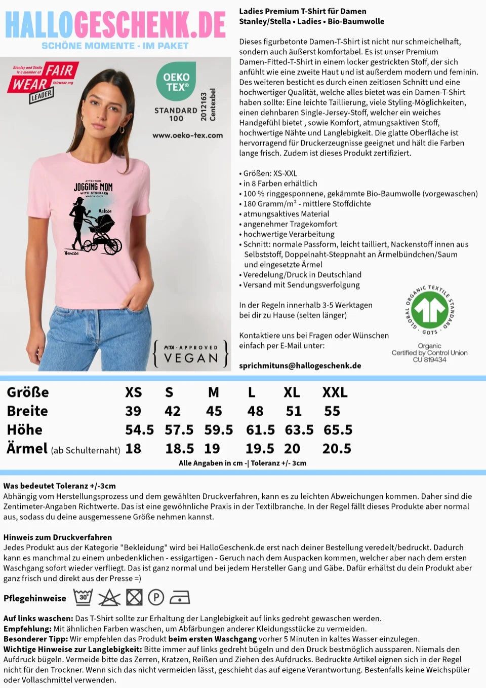 Jogging Mom mit Kinderwagen • Mama + Text • Wunschnamen • Ladies Premium T-Shirt XS - 2XL aus Bio - Baumwolle für Damen • Exklusivdesign • personalisiert von HalloGeschenk.de