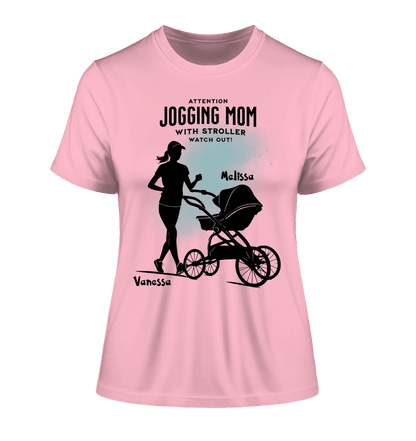 Jogging Mom mit Kinderwagen • Mama + Text • Wunschnamen • Ladies Premium T-Shirt XS - 2XL aus Bio - Baumwolle für Damen • Exklusivdesign • personalisiert von HalloGeschenk.de