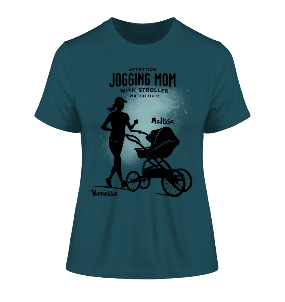 Jogging Mom mit Kinderwagen • Mama + Text • Wunschnamen • Ladies Premium T-Shirt XS - 2XL aus Bio - Baumwolle für Damen • Exklusivdesign • personalisiert von HalloGeschenk.de