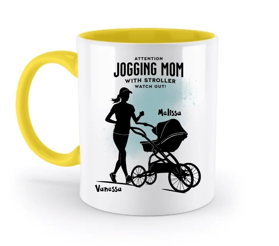 Jogging Mom mit Kinderwagen • Mama + Text • Wunschnamen • zweifarbige Tasse (spülmaschinengeeignet) • Exklusivdesign • personalisiert von HalloGeschenk.de