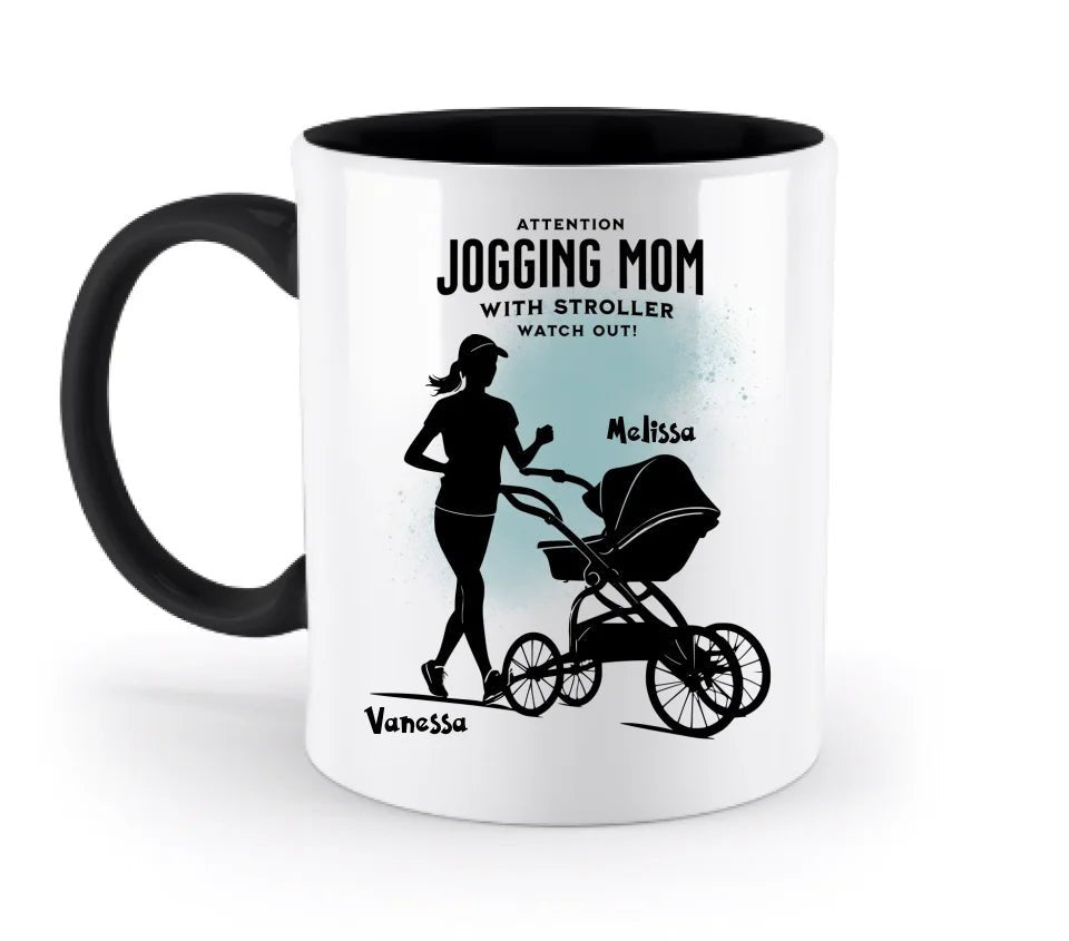 Jogging Mom mit Kinderwagen • Mama + Text • Wunschnamen • zweifarbige Tasse (spülmaschinengeeignet) • Exklusivdesign • personalisiert von HalloGeschenk.de