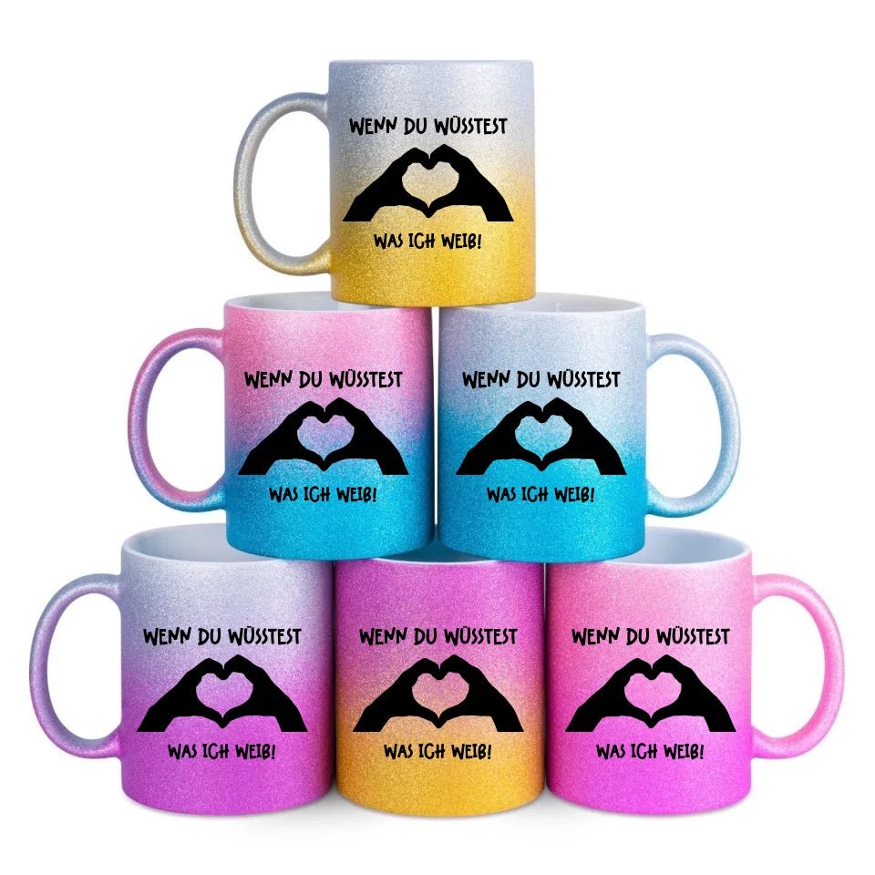 Keine Frage, ich liebe Dich auch! • Hände • personalisierter Text • Glitzertasse mit Farbverlauf von HalloGeschenk.de