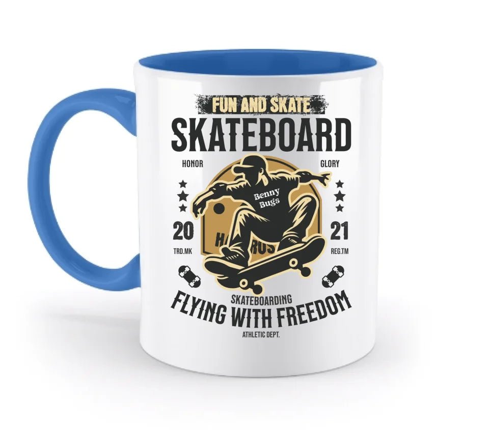 Skater mit Wunschname • Skateboard • zweifarbige Tasse (spülmaschinengeeignet) • Exklusivdesign • personalisiert von HalloGeschenk.de