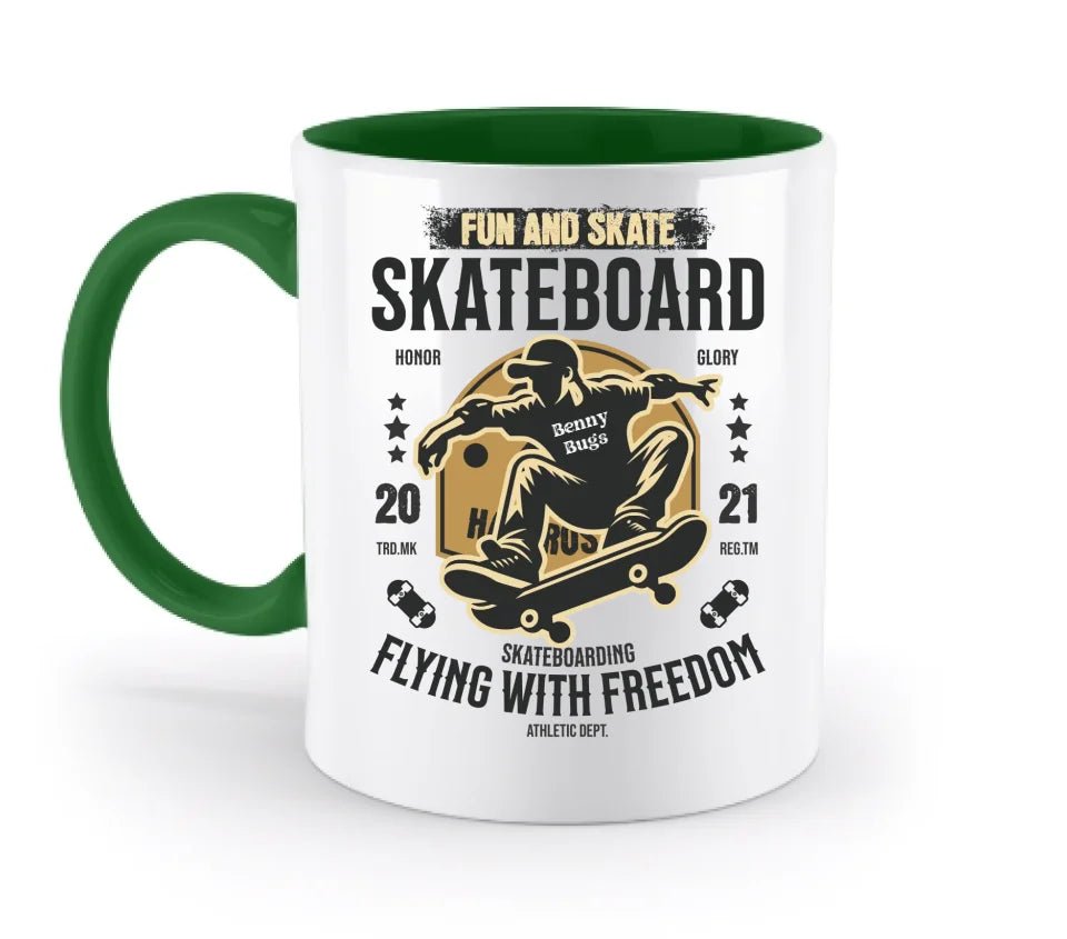 Skater mit Wunschname • Skateboard • zweifarbige Tasse (spülmaschinengeeignet) • Exklusivdesign • personalisiert von HalloGeschenk.de