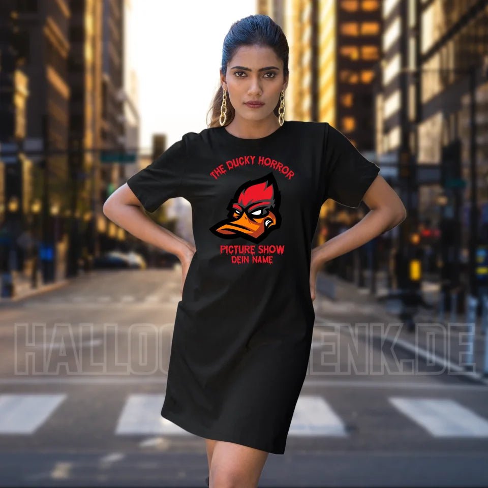 The Ducky Horror Picture Show + Name • Damen • Frau • Ladies Premium T-Shirt Kleid aus Bio - Baumwolle S - 2XL • Exklusivdesign • personalisiert • Halloween von HalloGeschenk.de