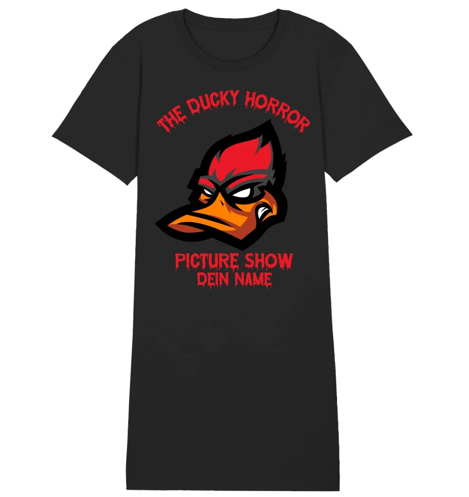 The Ducky Horror Picture Show + Name • Damen • Frau • Ladies Premium T-Shirt Kleid aus Bio - Baumwolle S - 2XL • Exklusivdesign • personalisiert • Halloween von HalloGeschenk.de