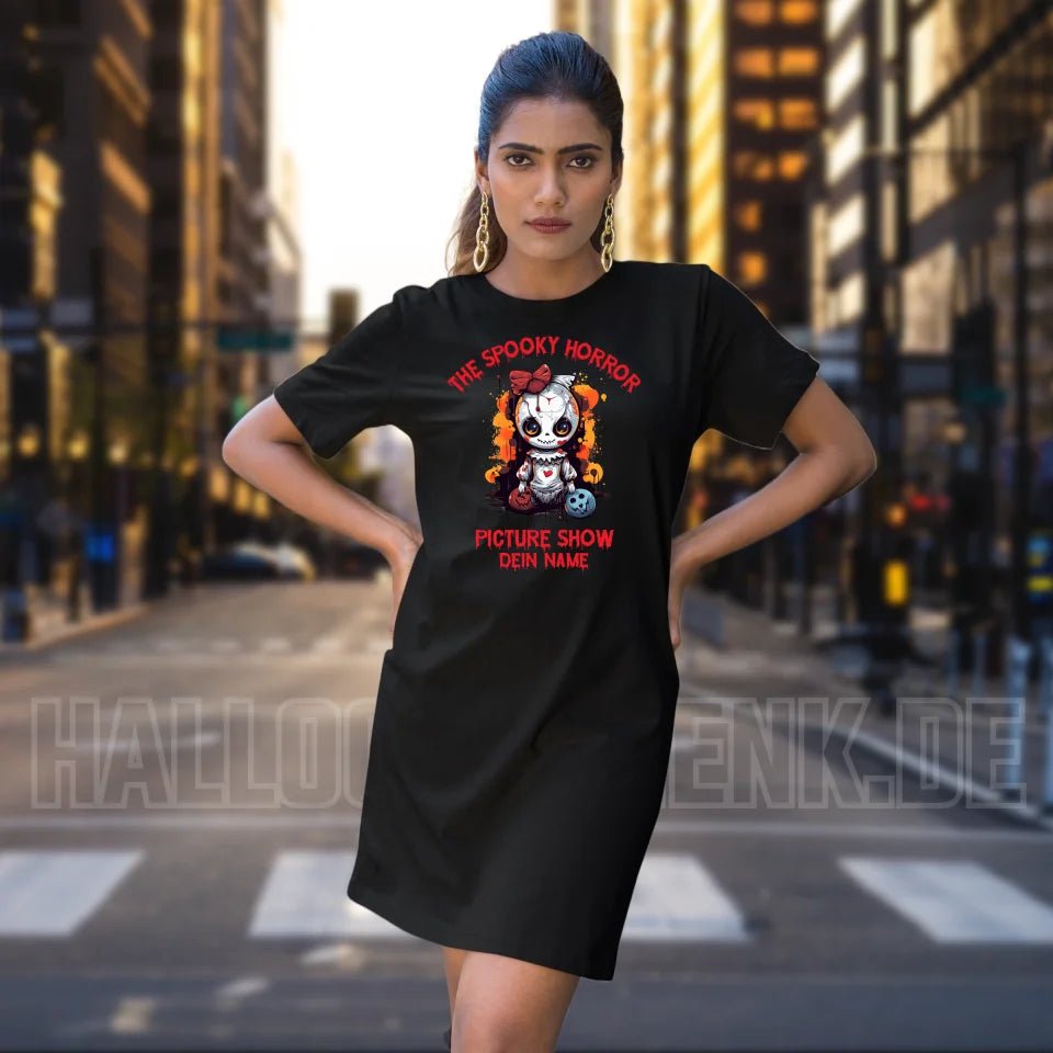 The Spooky Horror Picture Show + Name • Damen • Frau • Ladies Premium T-Shirt Kleid aus Bio - Baumwolle S - 2XL • Exklusivdesign • personalisiert • Halloween von HalloGeschenk.de